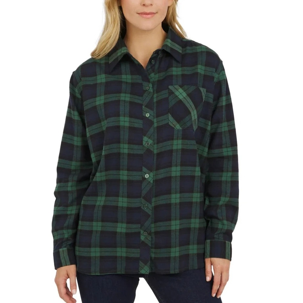 Lands' End Womens Flannel Shirt Green Navy Plaid Button Front Medium 1931012